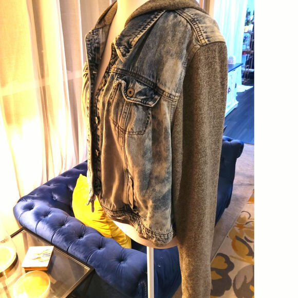 Y2K LEI Stone Acid washed denim jacket Hooded XXL button distress Thrashed Rock - Picture 3 of 11